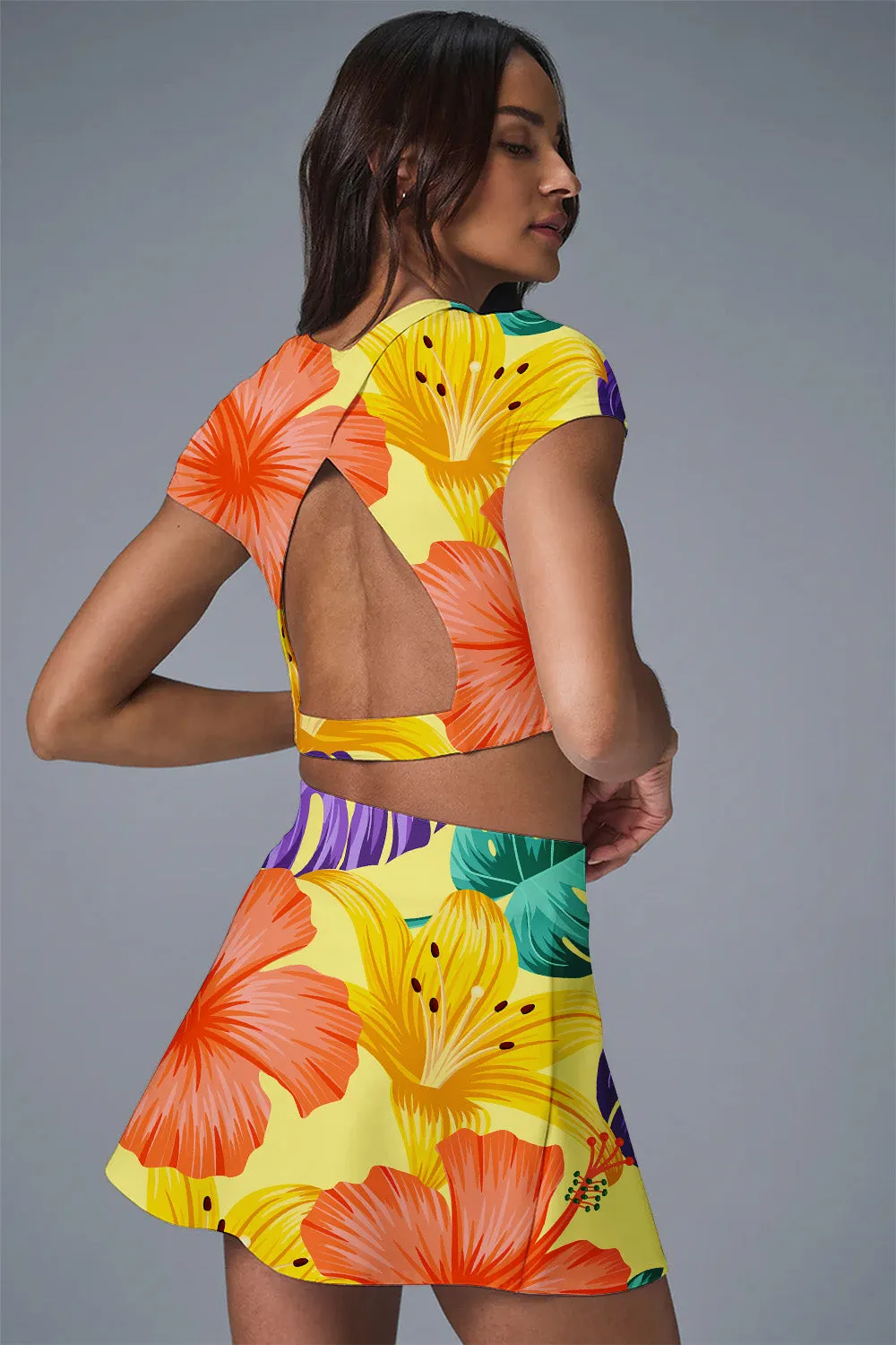 Tropical Hibiscus & Lily Print on Lemon Yellow Tennis Dress