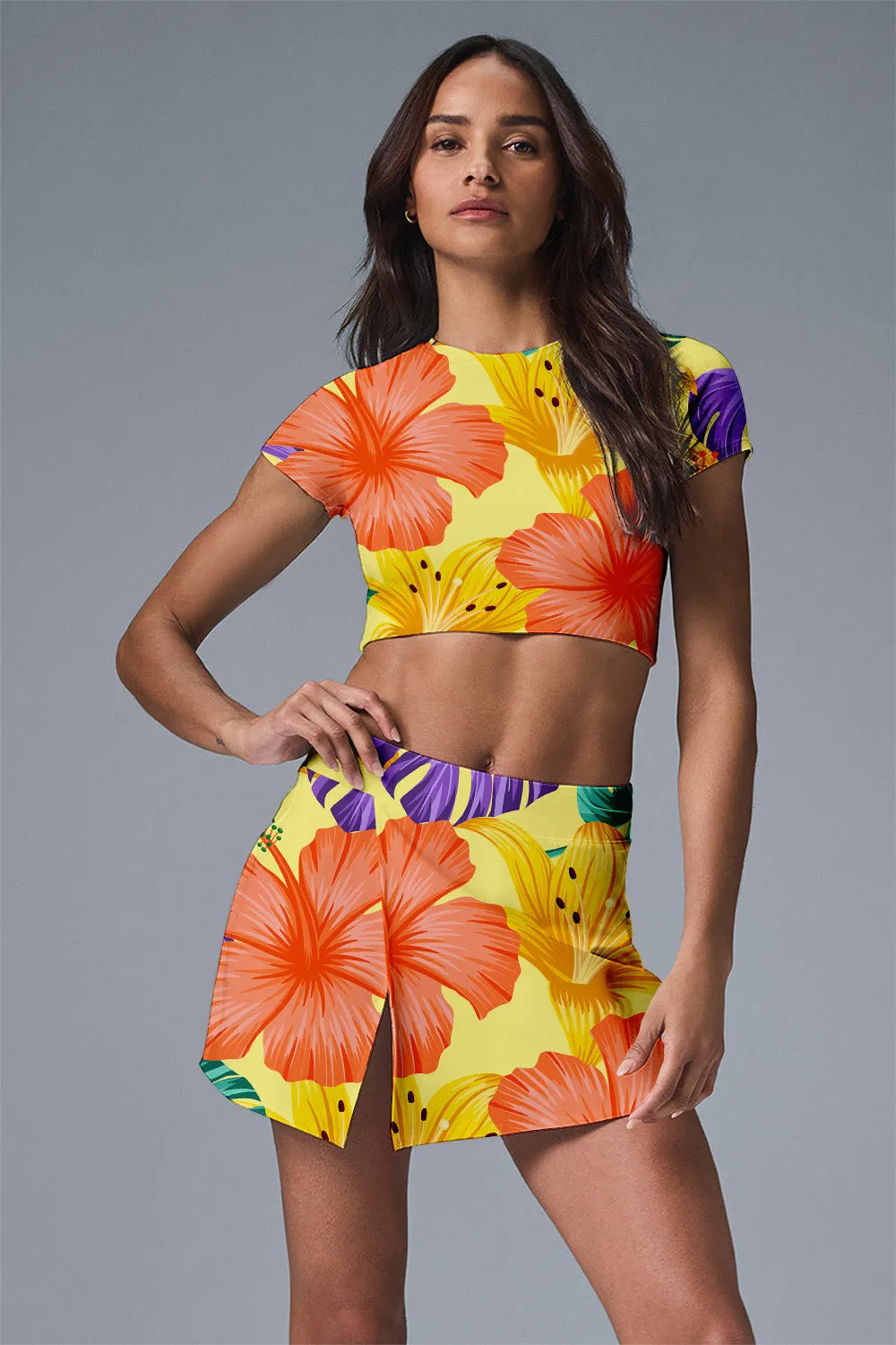 Tropical Hibiscus & Lily Print on Lemon Yellow Tennis Dress