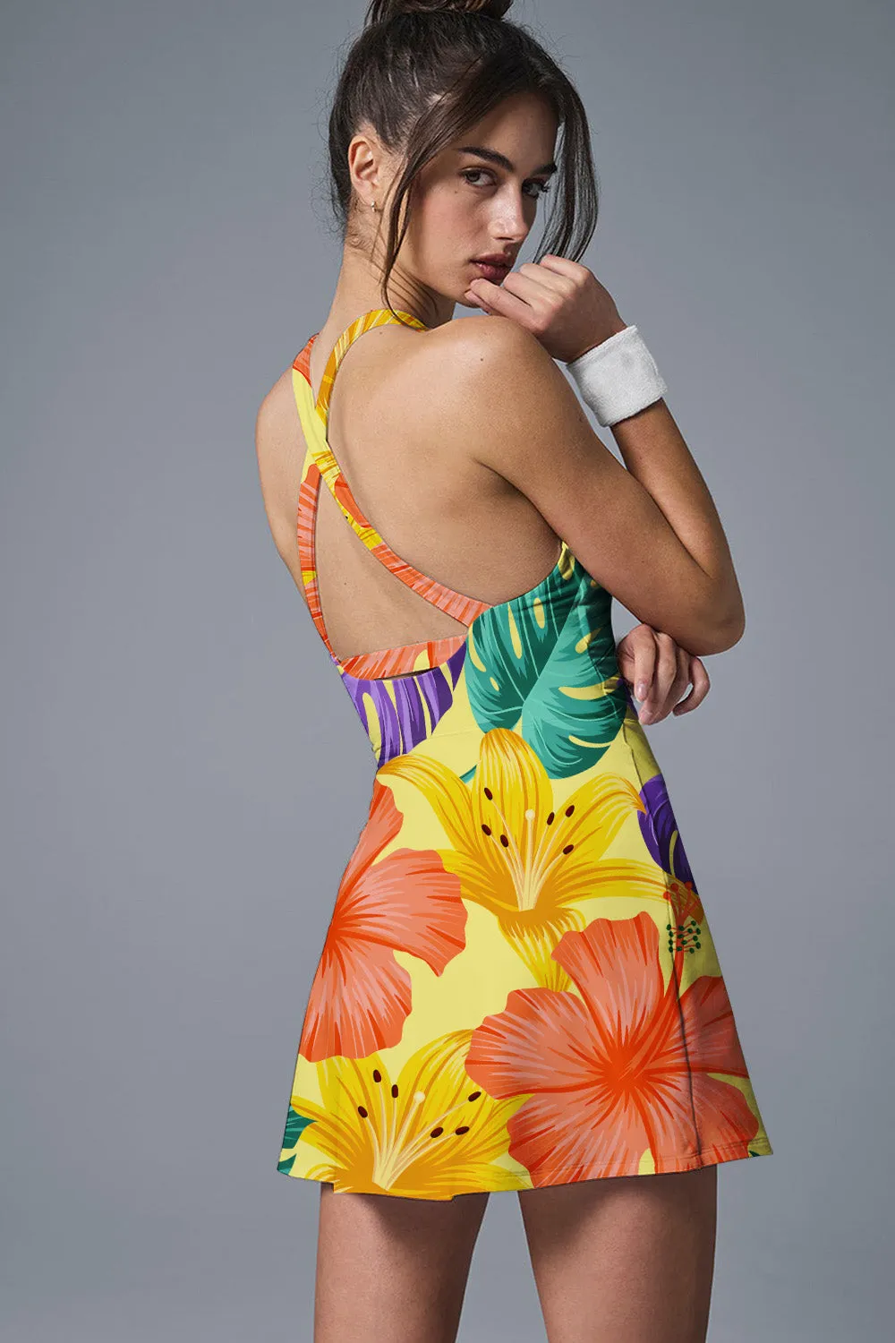 Tropical Hibiscus & Lily Print on Lemon Yellow Tennis Dress