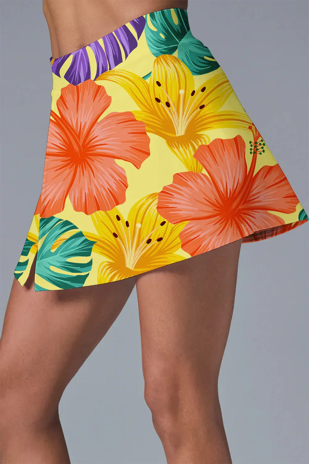 Tropical Hibiscus & Lily Print on Lemon Yellow Tennis Dress