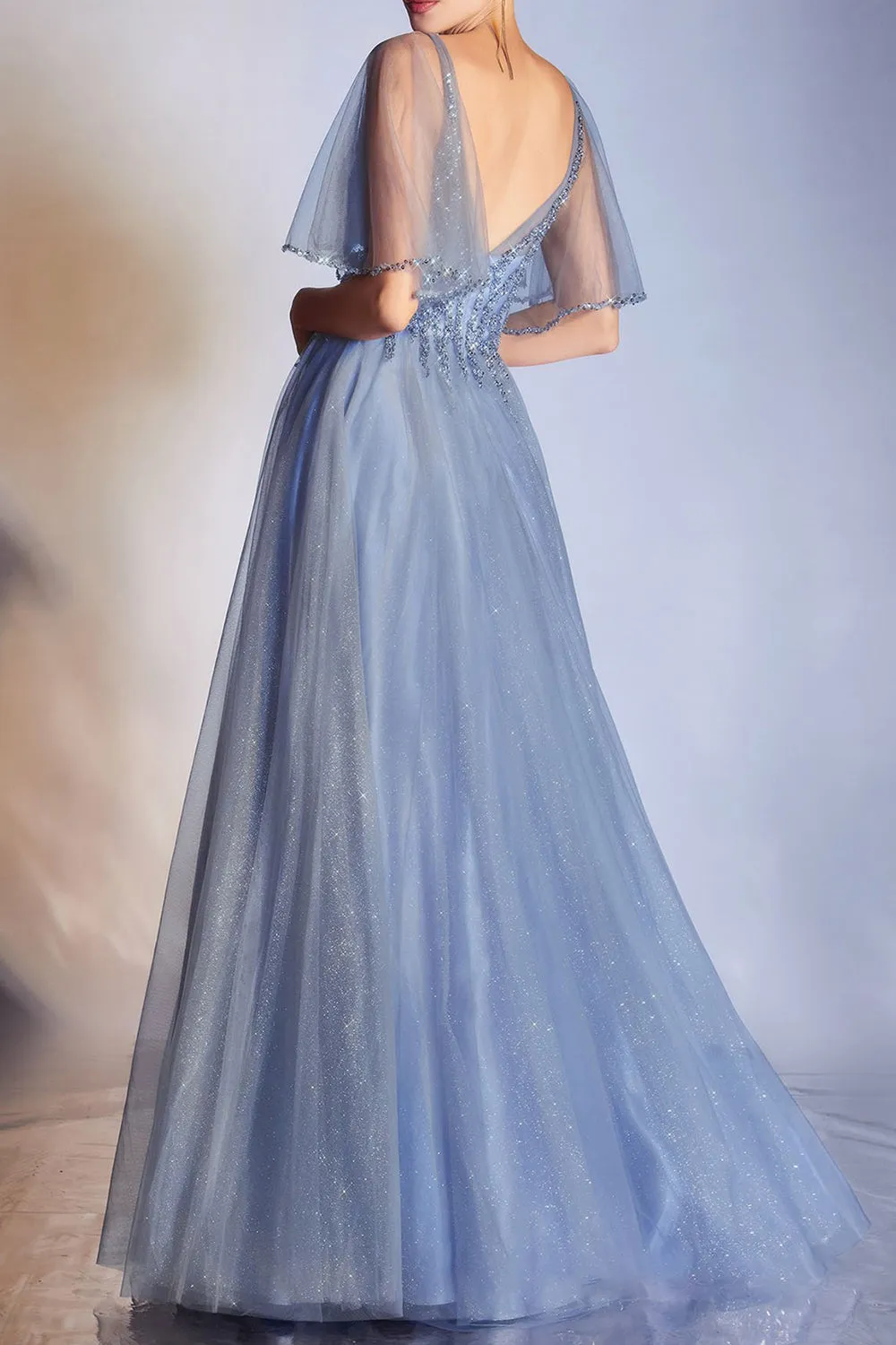 Tulle Short Sleeves V neck Aline Floor-Length Prom Dress With Sequins