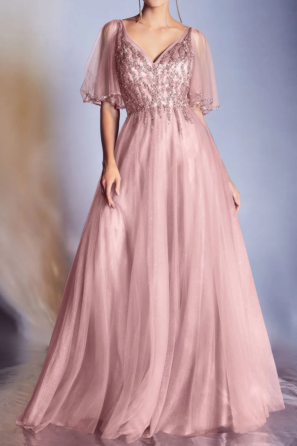 Tulle Short Sleeves V neck Aline Floor-Length Prom Dress With Sequins