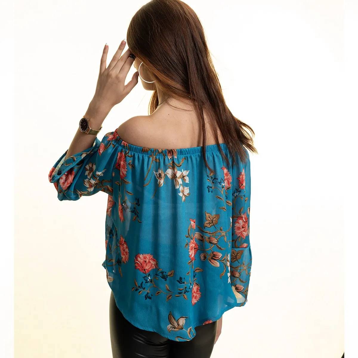 Turquoise Multi-Color Long Sleeve Off the Shoulder Blouse for Women - Going Out Tops for Ladies