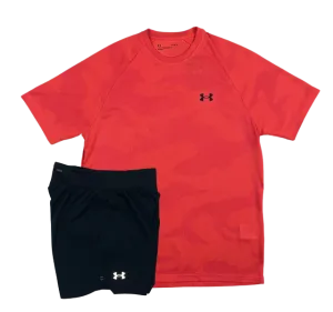 Under Armour Tech Velocity Jacquard Camo T-Shirt and Speedpocket 7 Inch Shorts Set - Beta Red/Black