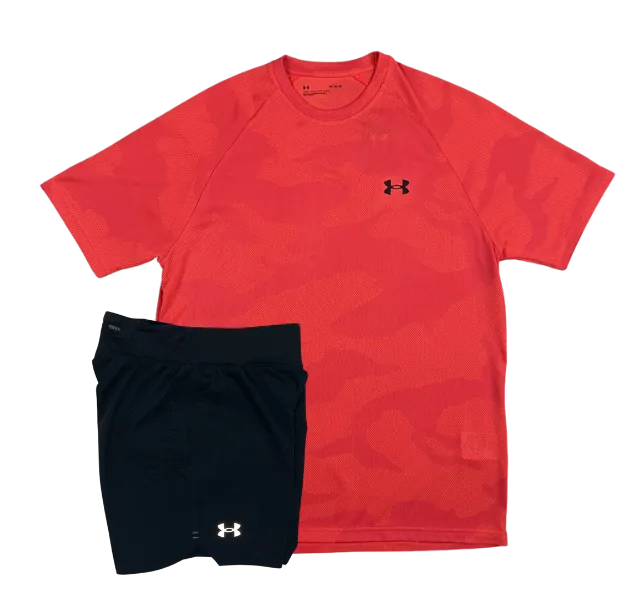 Under Armour Tech Velocity Jacquard Camo T-Shirt and Speedpocket 7 Inch Shorts Set - Beta Red/Black