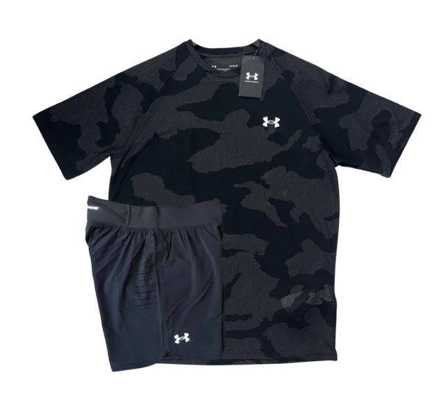 Under Armour Tech Velocity Jacquard Camo T-Shirt and Speedpocket 7 Inch Shorts Set - Black/Grey
