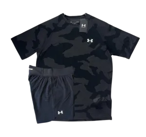 Under Armour Tech Velocity Jacquard Camo T-Shirt and Speedpocket 7 Inch Shorts Set - Black/Grey
