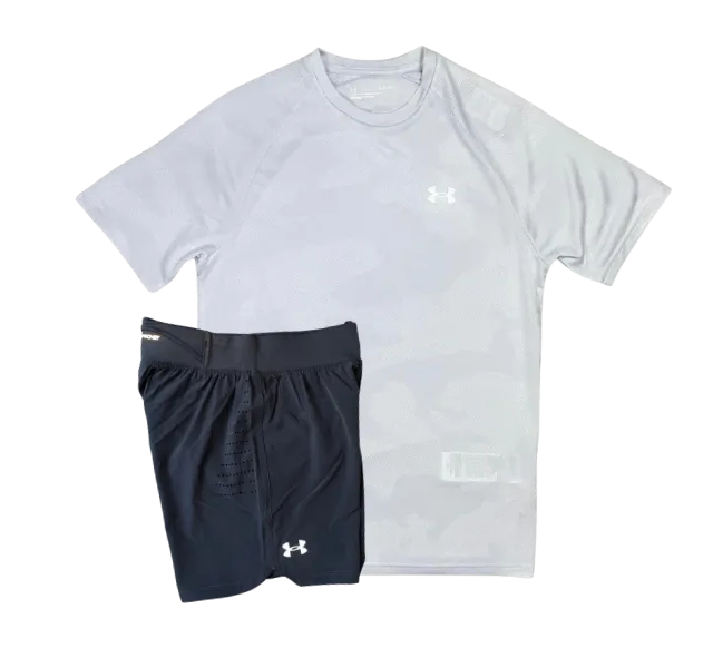 Under Armour Tech Velocity Jacquard Camo T-Shirt and Speedpocket 7 Inch Shorts Set - White/Grey