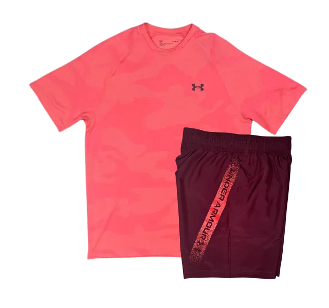 Under Armour Tech Velocity Jacquard Camo T-Shirt and Woven Graphic 7 Inch Shorts Set - Beta Red/Dark Maroon