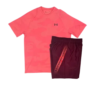 Under Armour Tech Velocity Jacquard Camo T-Shirt and Woven Graphic 7 Inch Shorts Set - Beta Red/Dark Maroon