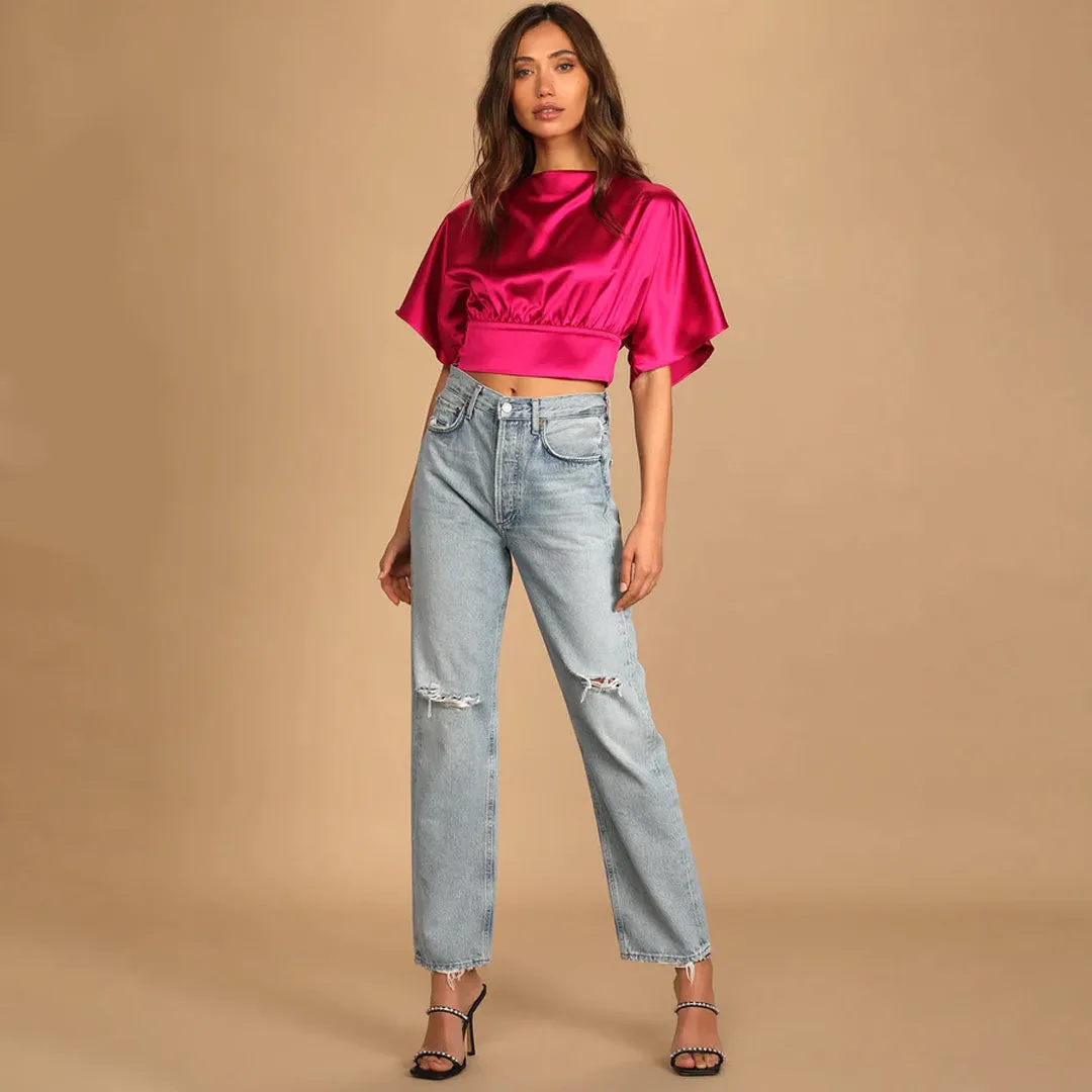 Upgrade to Chic Hot Pink Satin Tie-Back Crop Top