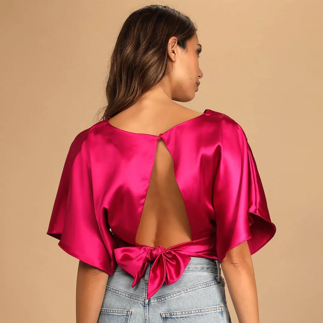 Upgrade to Chic Hot Pink Satin Tie-Back Crop Top