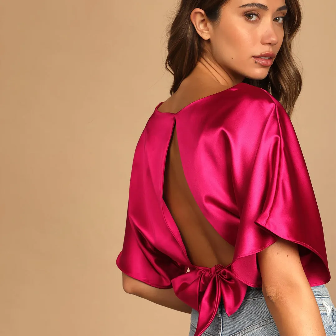 Upgrade to Chic Hot Pink Satin Tie-Back Crop Top