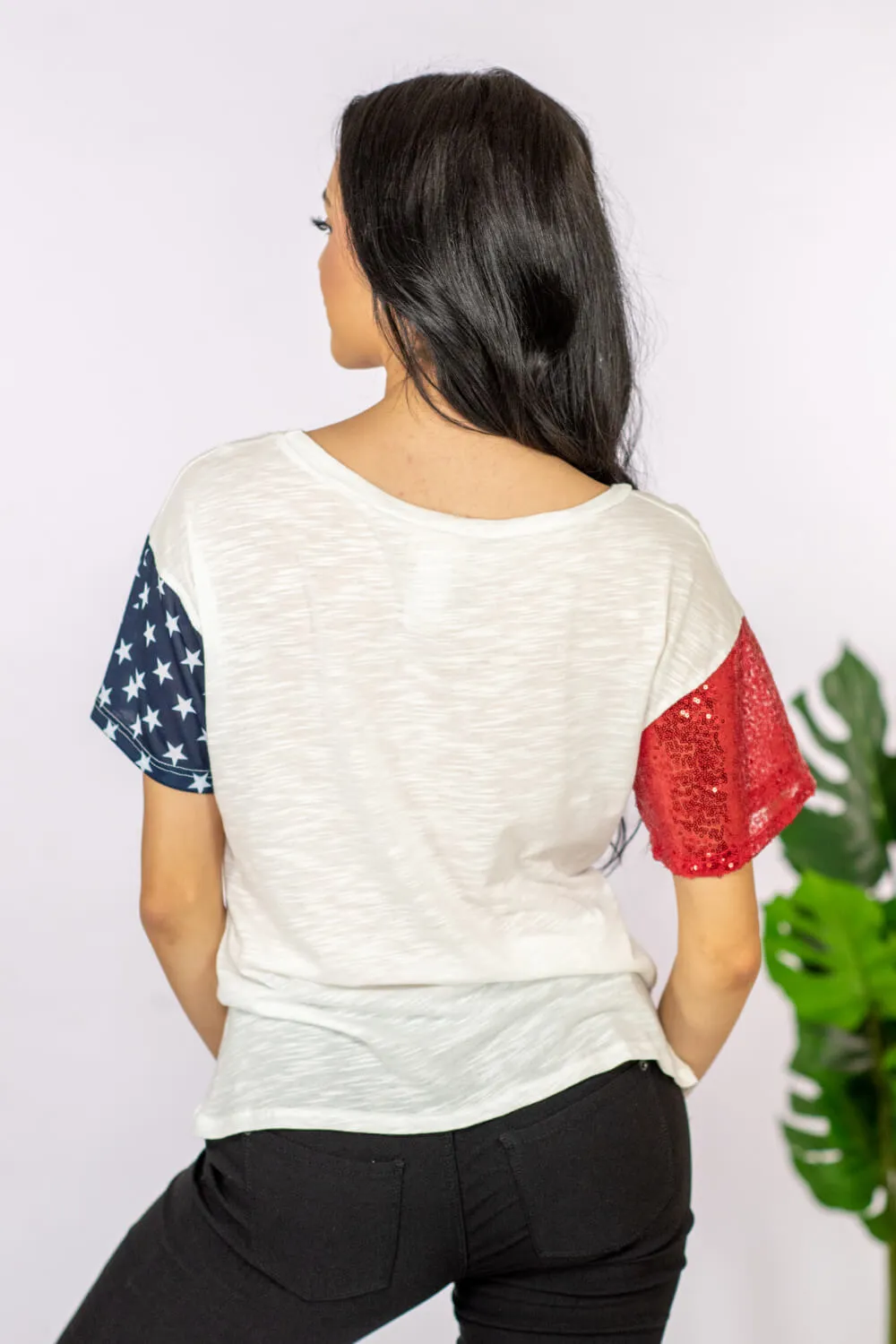 USA Sequin Graphic Distressed Tee Shirt