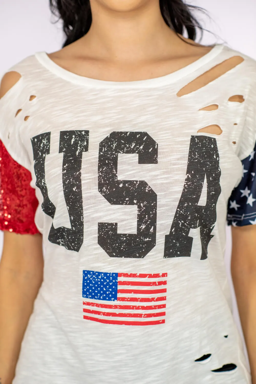 USA Sequin Graphic Distressed Tee Shirt