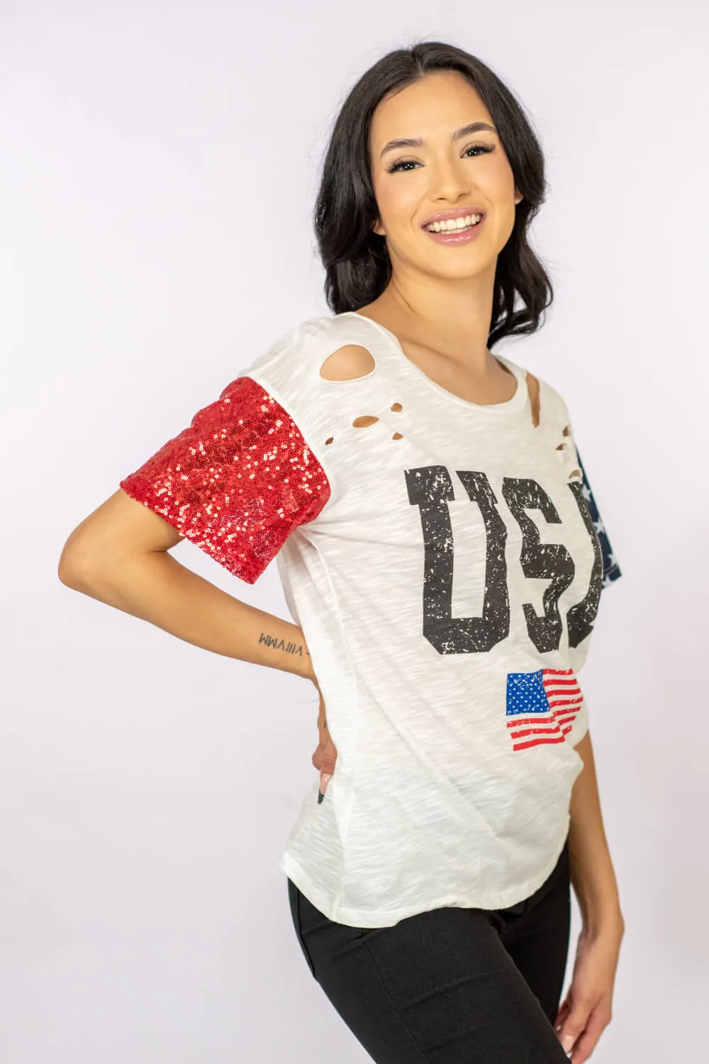 USA Sequin Graphic Distressed Tee Shirt