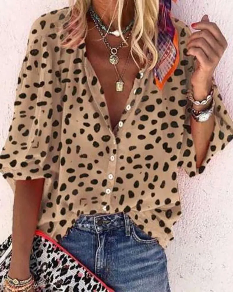 V Neck All Over Print Button Design Top