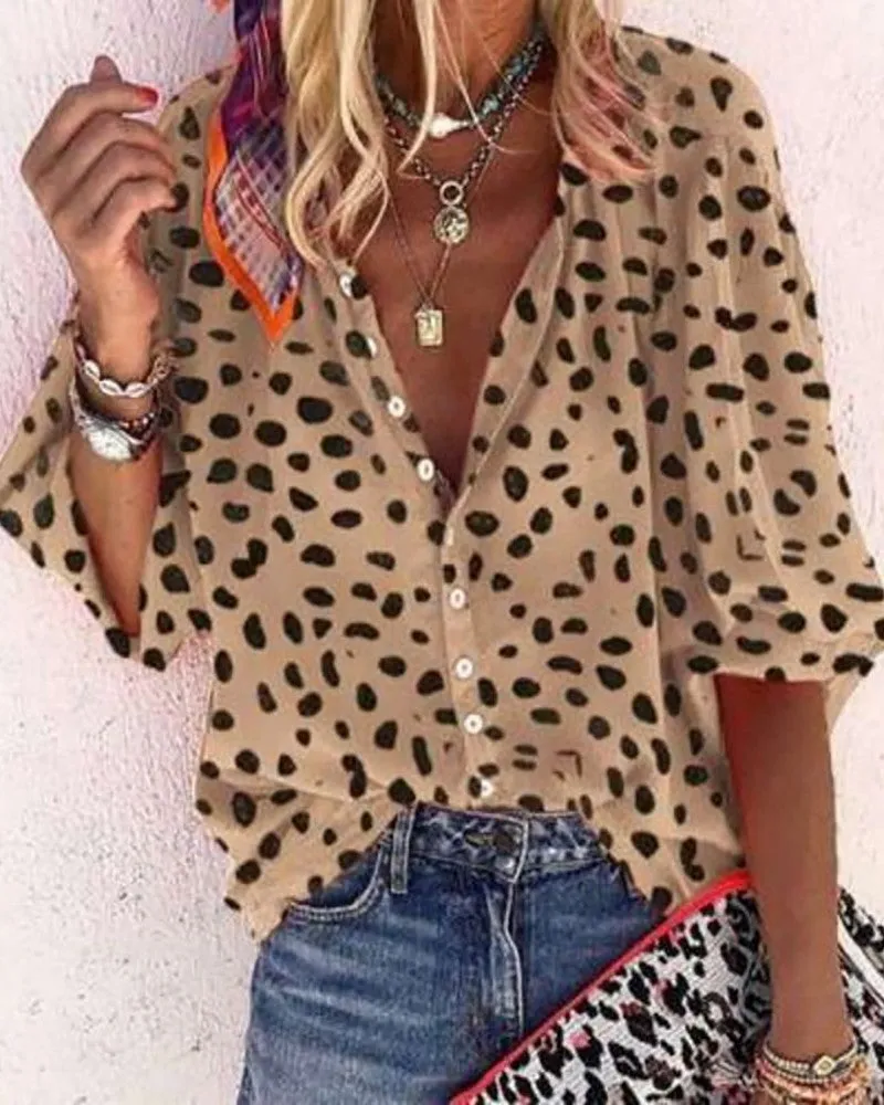 V Neck All Over Print Button Design Top