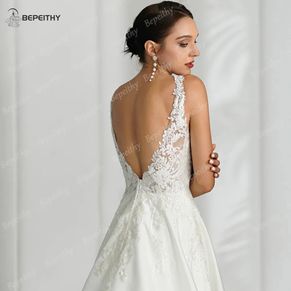 V Neck Backless Satin Ivory Wedding Dresses For Women Sleeveless
