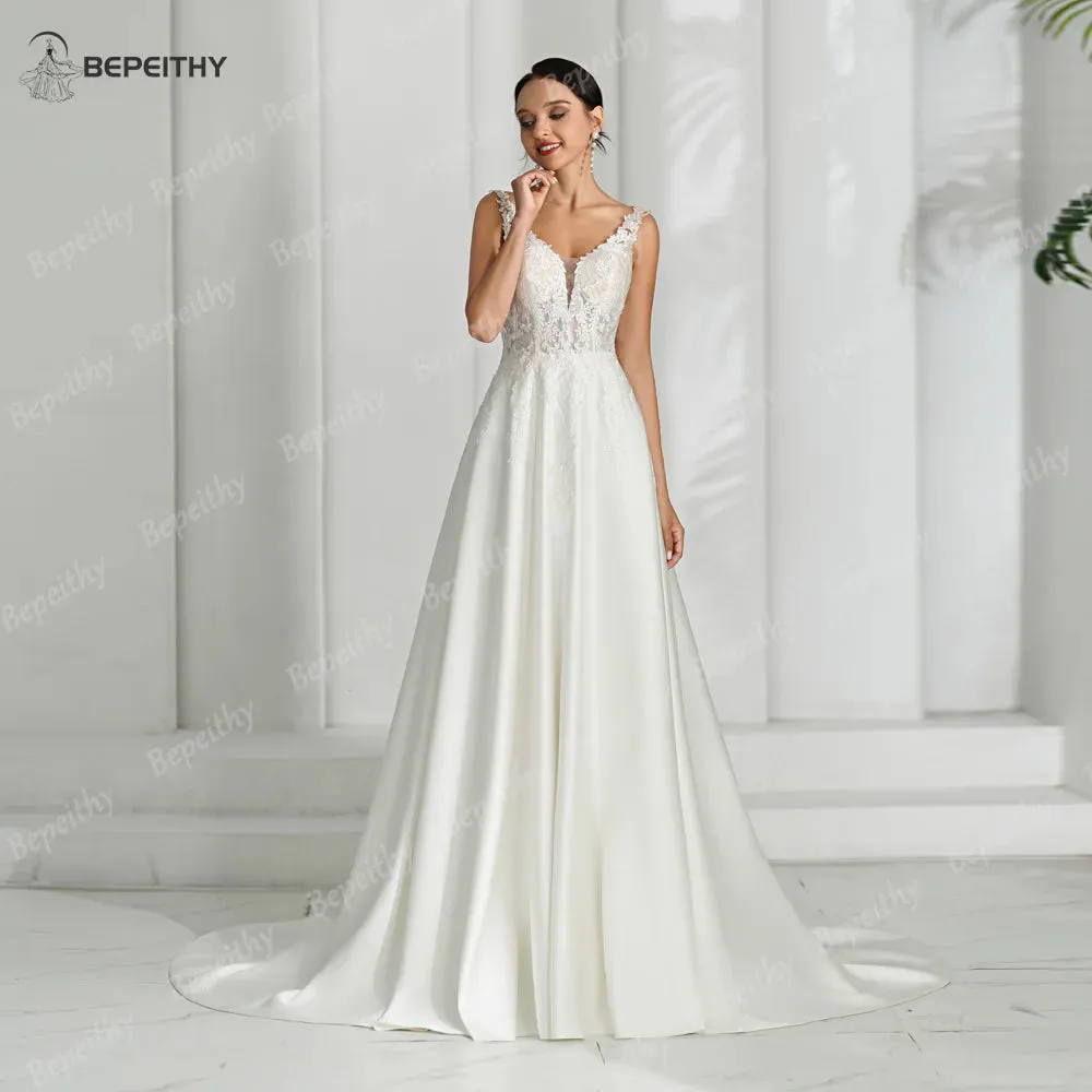 V Neck Backless Satin Ivory Wedding Dresses For Women Sleeveless