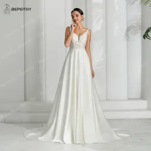 V Neck Backless Satin Ivory Wedding Dresses For Women Sleeveless