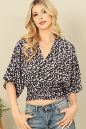 V-NECK DOLMAN SLEEVE SMOCKED WAIST FLORAL CROP TOP