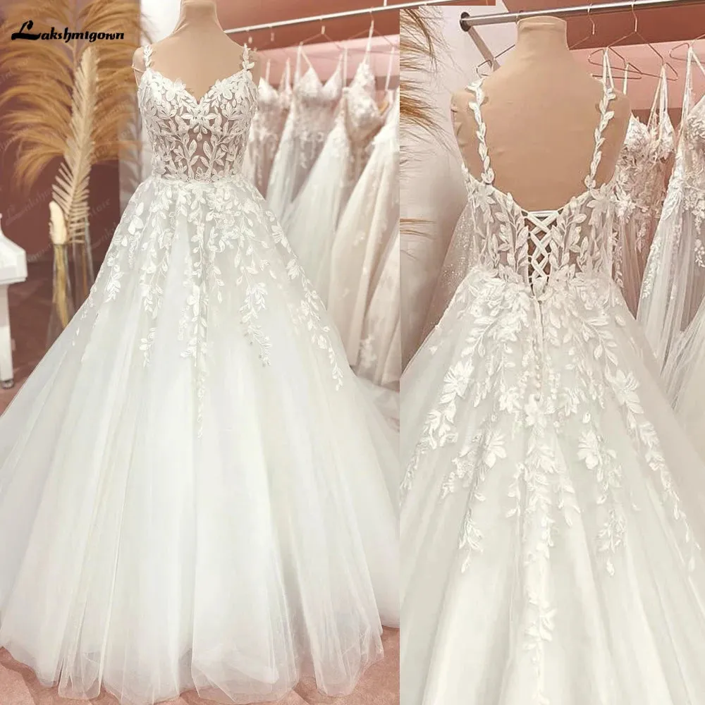V Neck Lace Appliques Beach Wedding Dress for Bride