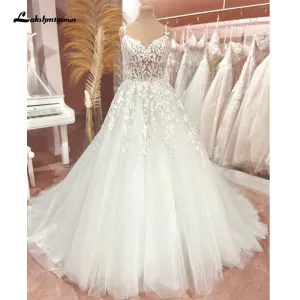 V Neck Lace Appliques Beach Wedding Dress for Bride
