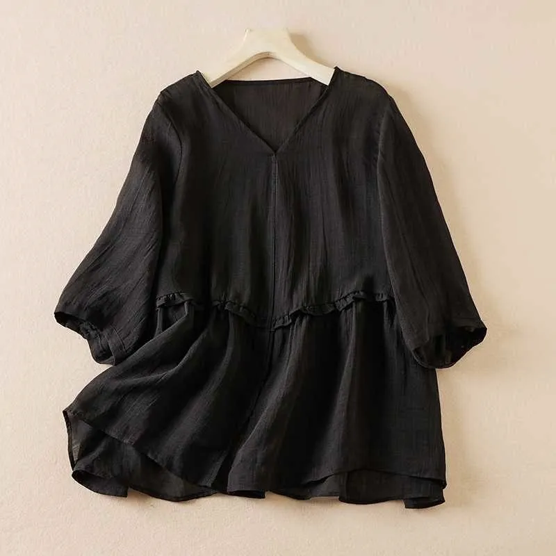 V-Neck Linen Shirt With Mushroom Edge