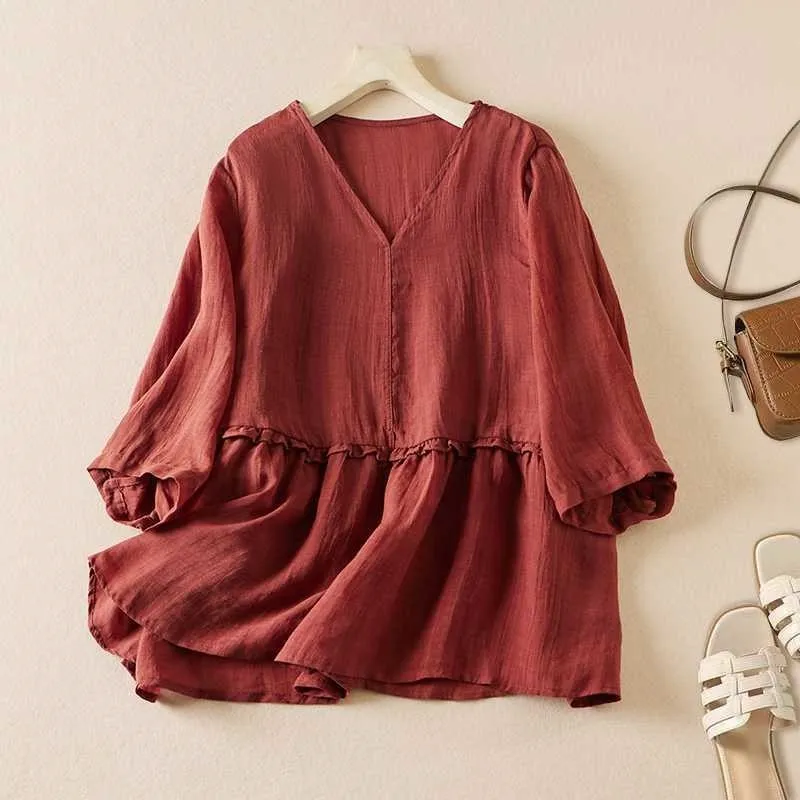 V-Neck Linen Shirt With Mushroom Edge
