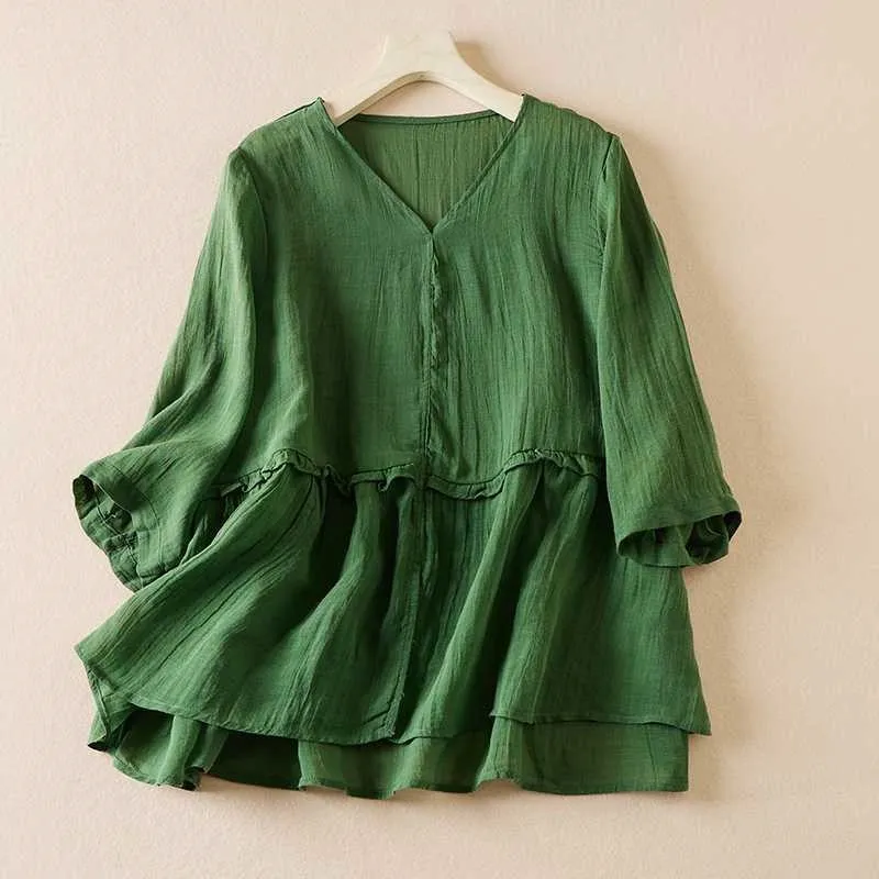 V-Neck Linen Shirt With Mushroom Edge