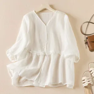 V-Neck Linen Shirt With Mushroom Edge
