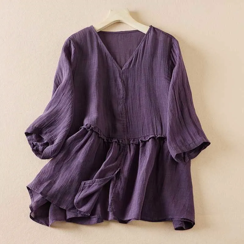 V-Neck Linen Shirt With Mushroom Edge