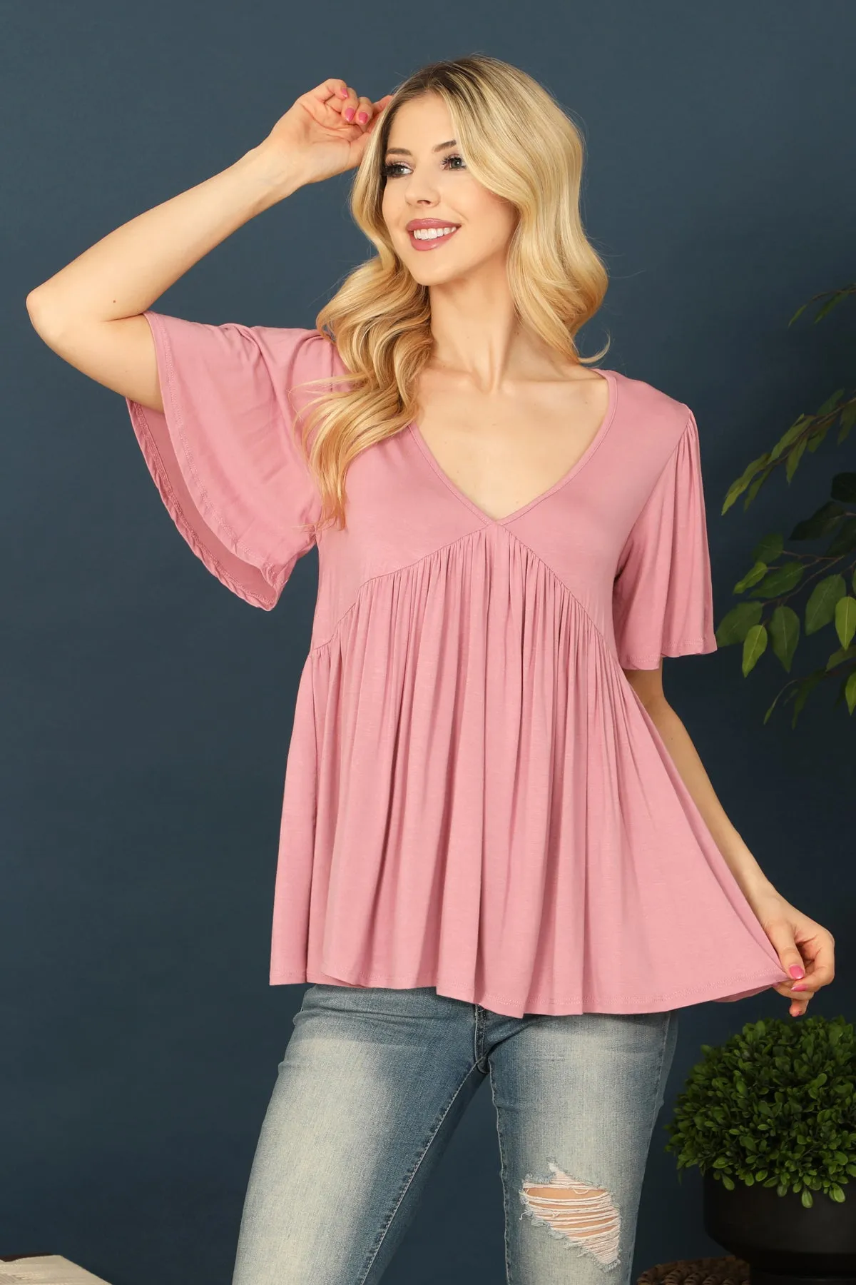 V-Neck Pleated Front Detail Bell Sleeve Solid Top