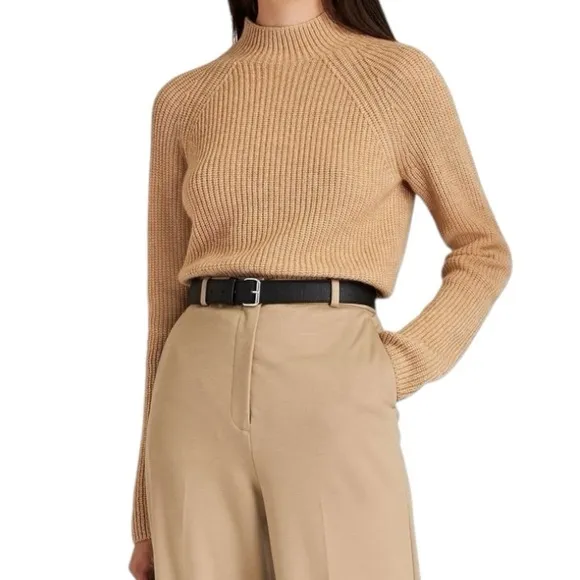 VINCE | Mélange Ribbed Wool &amp; Cashmere Blend Mock Neck Sweater | Camel Tan | XS