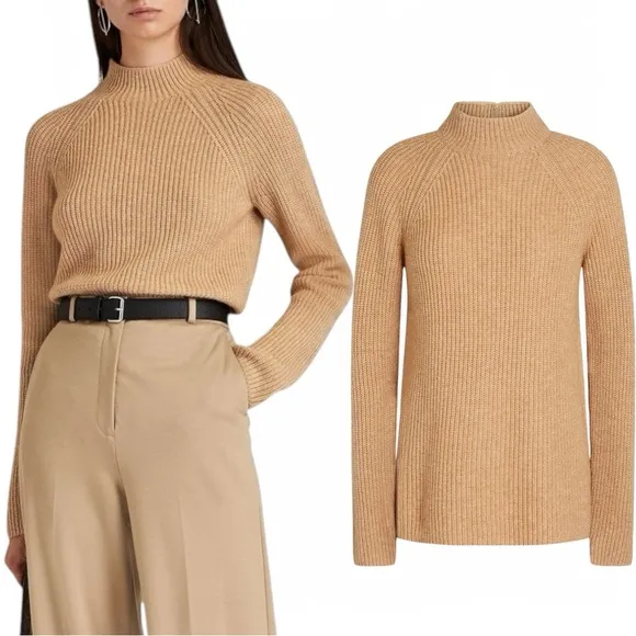 VINCE | Mélange Ribbed Wool &amp; Cashmere Blend Mock Neck Sweater | Camel Tan | XS