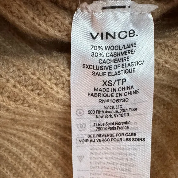 VINCE | Mélange Ribbed Wool &amp; Cashmere Blend Mock Neck Sweater | Camel Tan | XS