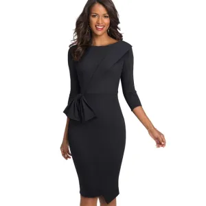 Vintage Elegant Wear to Work with Bow Pure Color Vestidos Business Party Bodycon Winter Women Office Dress B545
