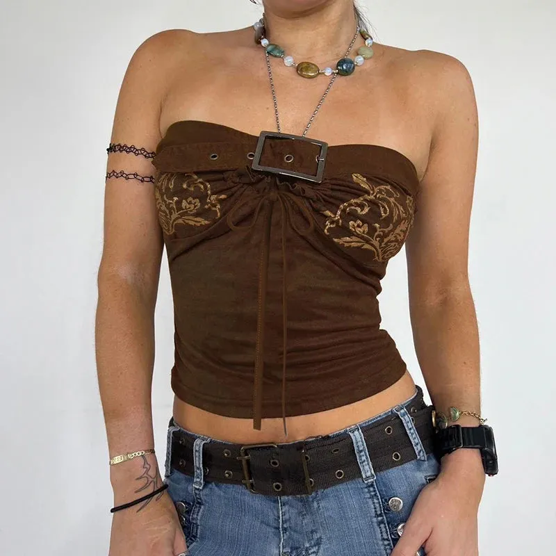 Vintage Floral Print Strapless Crop Top