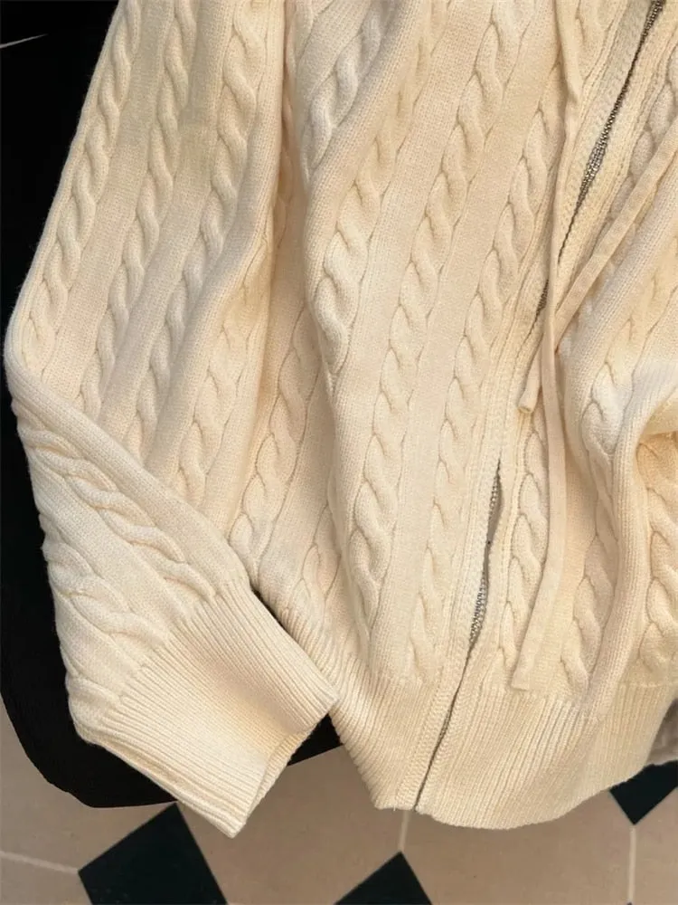 Vintage Hooded Loose Knitted Cardigan Long Sleeve Zipper Tops Retro Women Spring Fall Sweater Casual Knitwears Gilet