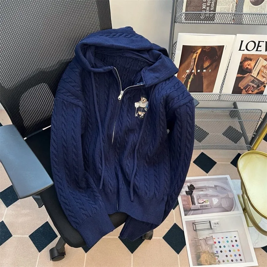 Vintage Hooded Loose Knitted Cardigan Long Sleeve Zipper Tops Retro Women Spring Fall Sweater Casual Knitwears Gilet