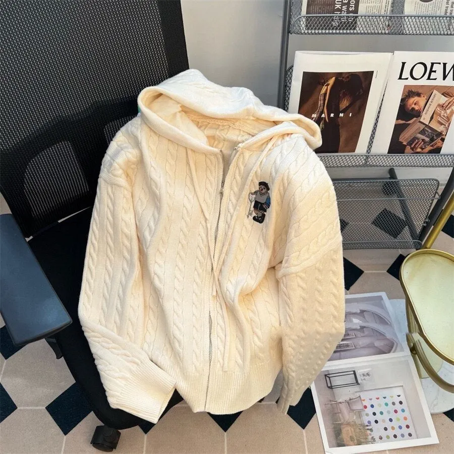 Vintage Hooded Loose Knitted Cardigan Long Sleeve Zipper Tops Retro Women Spring Fall Sweater Casual Knitwears Gilet