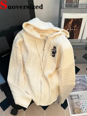 Vintage Hooded Loose Knitted Cardigan Long Sleeve Zipper Tops Retro Women Spring Fall Sweater Casual Knitwears Gilet