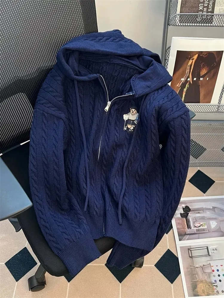 Vintage Hooded Loose Knitted Cardigan Long Sleeve Zipper Tops Retro Women Spring Fall Sweater Casual Knitwears Gilet