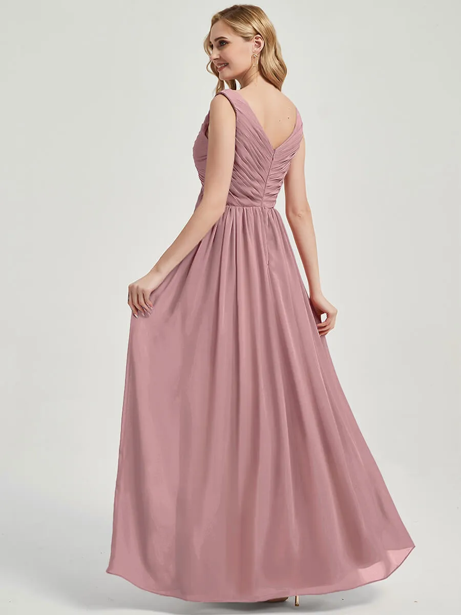 Vintage Mauve Empire Sleeveless Pleated Chiffon Maxi Bridesmaid Dress