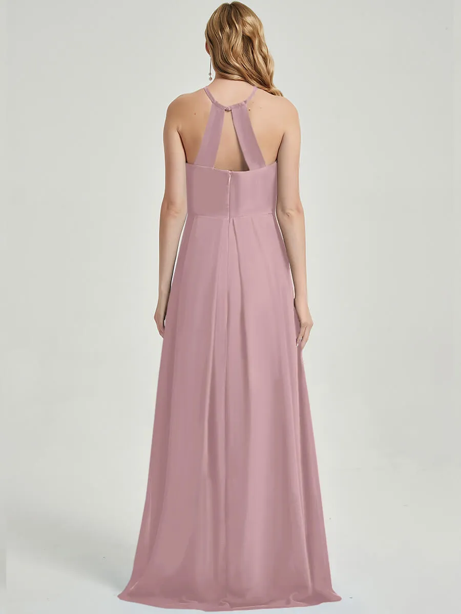 Vintage Mauve Halter Empire Pleated Backless Chiffon Bridesmaid Dress
