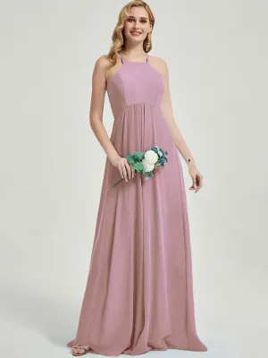 Vintage Mauve Halter Empire Pleated Backless Chiffon Bridesmaid Dress