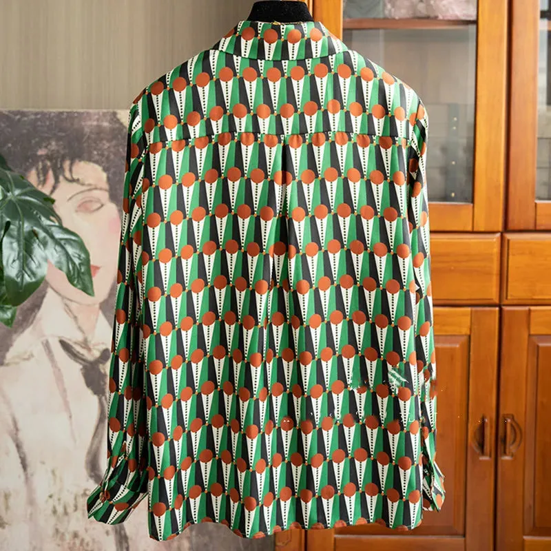 Vintage Print Green Lapel Satin Blouses