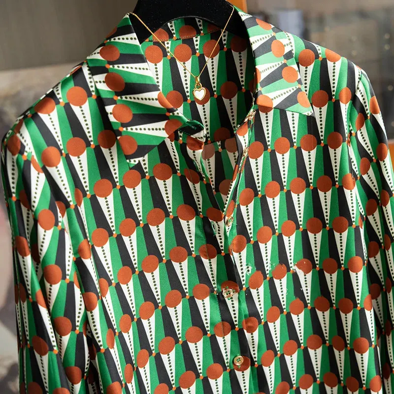 Vintage Print Green Lapel Satin Blouses