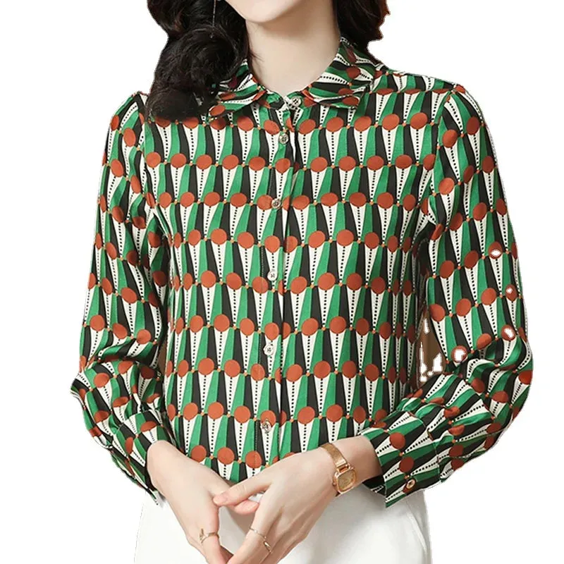 Vintage Print Green Lapel Satin Blouses